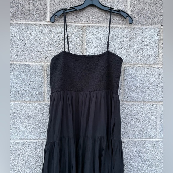 American Eagle XL Black Smocked Tiered Maxi Dress Lined Spaghetti Straps Pockets - Picture 5 of 15